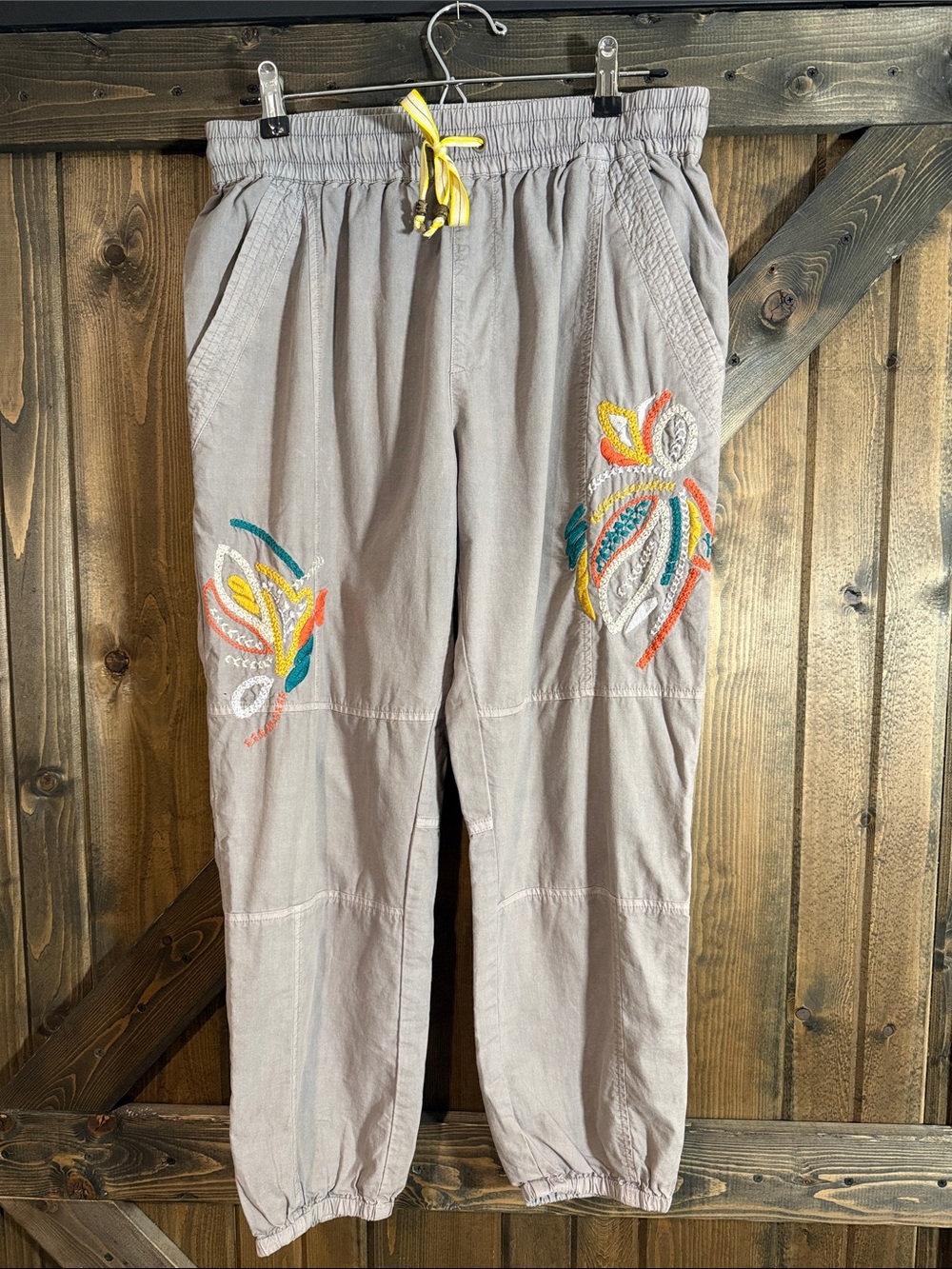 Anthropologie Taupe Jogger Pants with Multicolor Embroidery